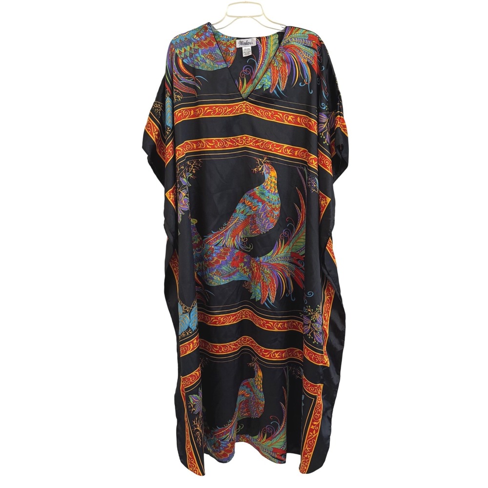 Vtg Winlar Kaftan Maxi Dress Womens OSFM Black Peacock Print V-Neck Lounger Rare